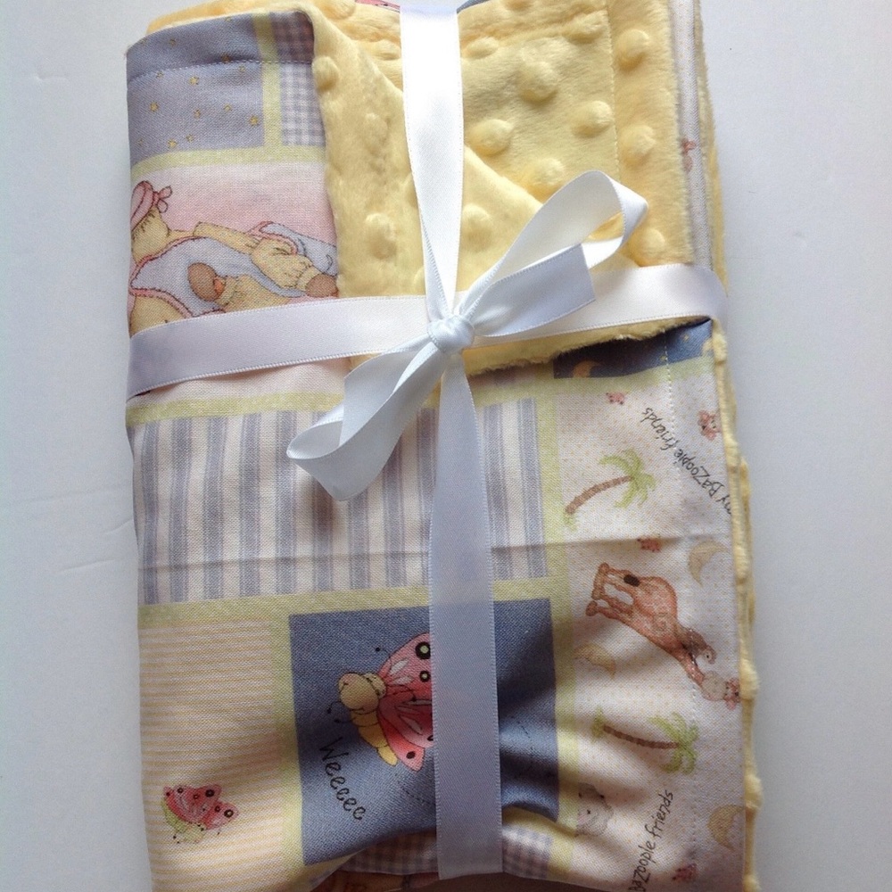 Safari Animal Patchwork Baby Blanket with Yellow and Cream Accents Minky Fabric